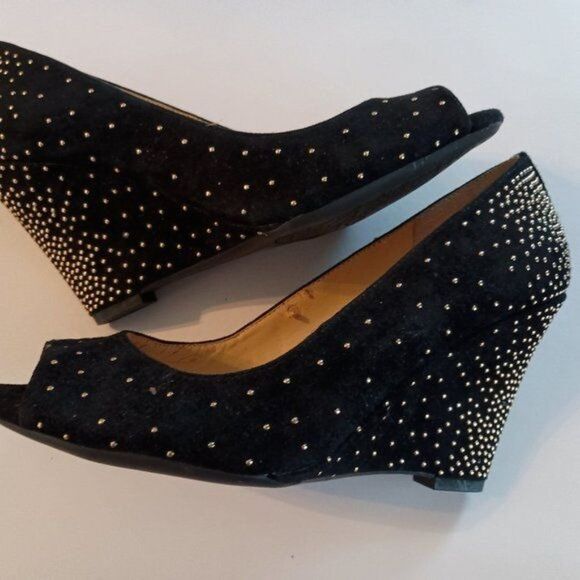 GIANNI BINI, Woman Black Peep Toe with Gold Jeweled Wedges Evening Shoes, Size 7 - Picture 5 of 7